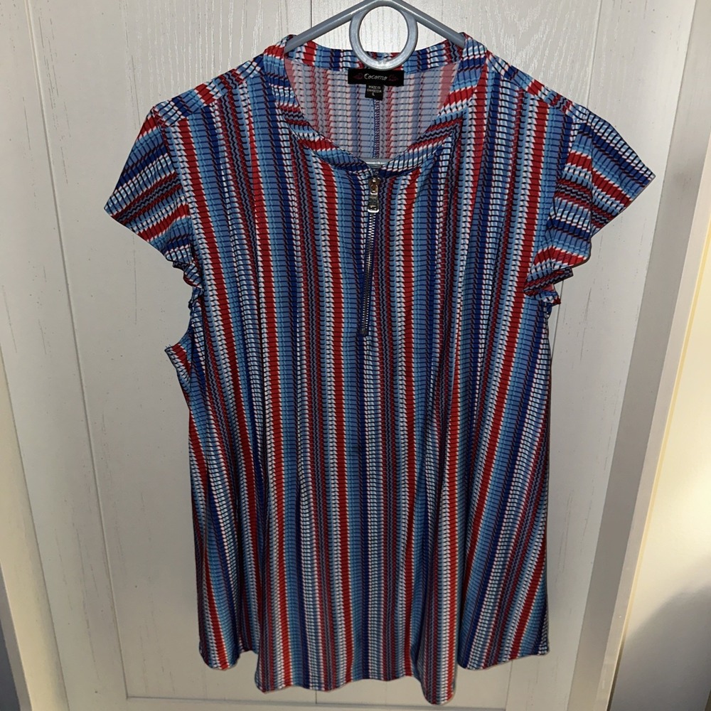 Cocomo Womens Red White & Blue Stripes 1/4 Zip Short Flutter Sleeve Top Size M
